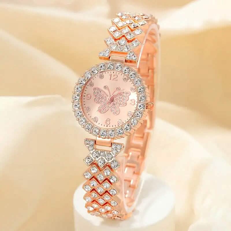 2-Piece Set: Butterfly Quartz Stainless Steel Band Wrist Watch and Bracelet - A-1 Thread Vault