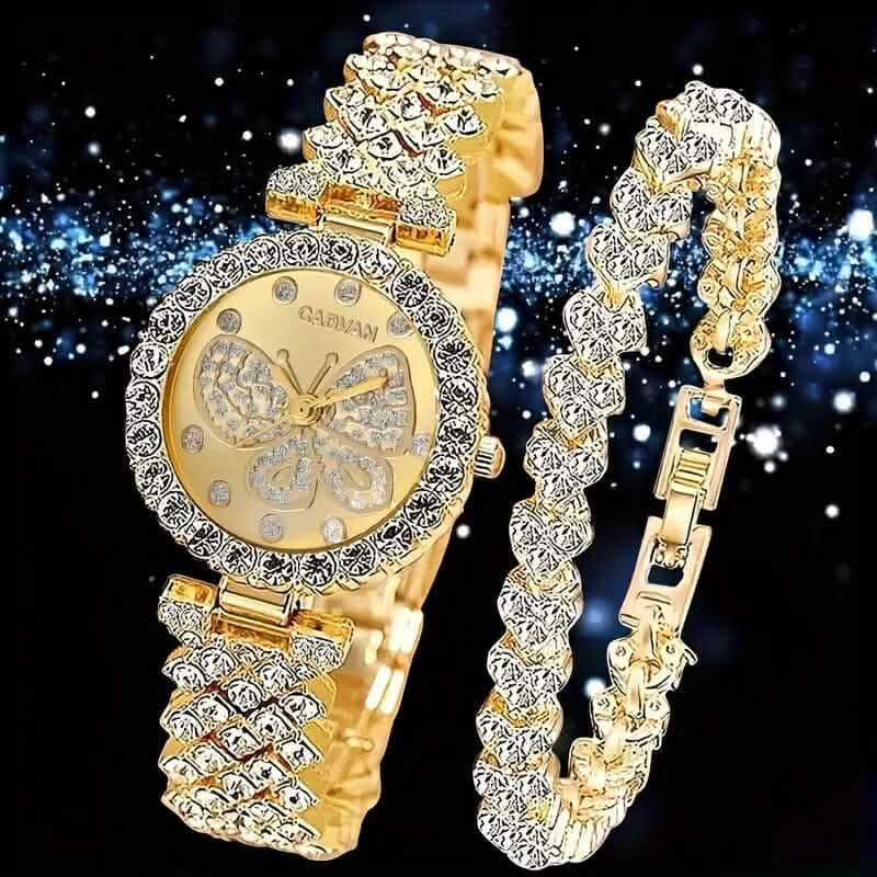 2-Piece Set: Butterfly Quartz Stainless Steel Band Wrist Watch and Bracelet - A-1 Thread Vault