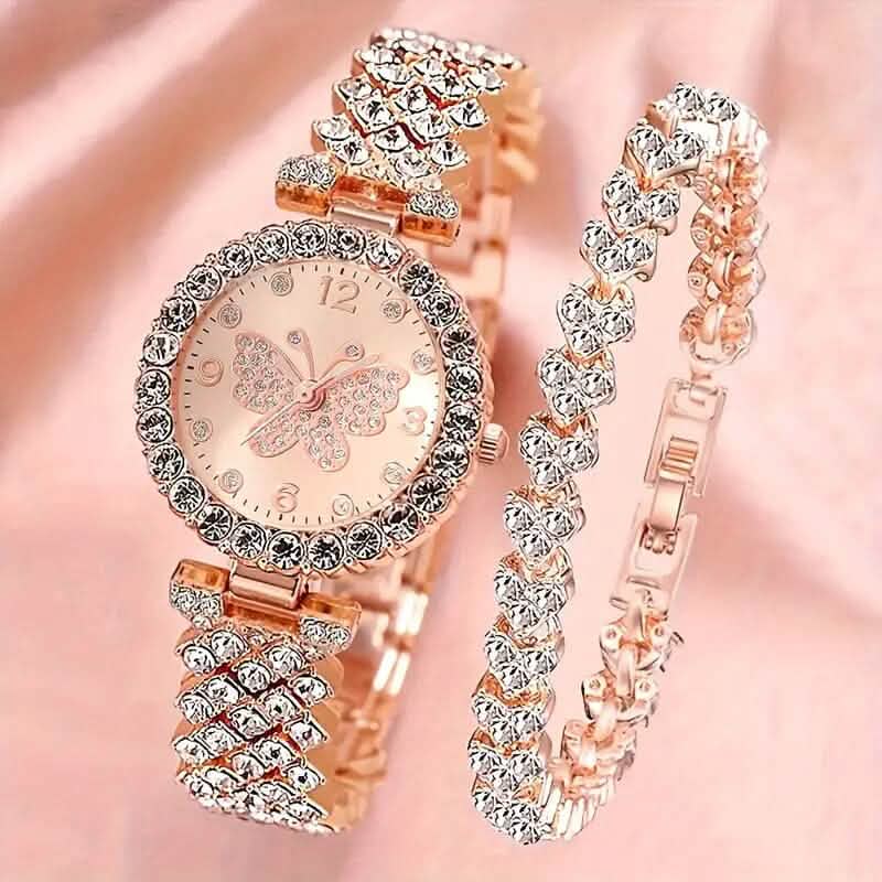 2-Piece Set: Butterfly Quartz Stainless Steel Band Wrist Watch and Bracelet - A-1 Thread Vault