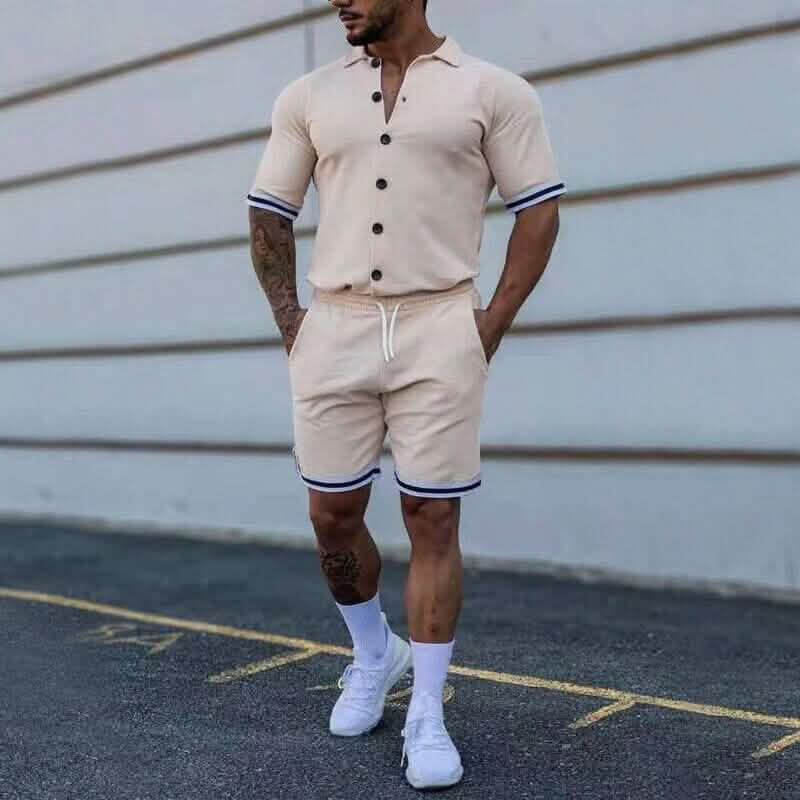 2-Piece Set: Men's Short Sleeve Plain Stripes Lapel - A-1 Thread Vault