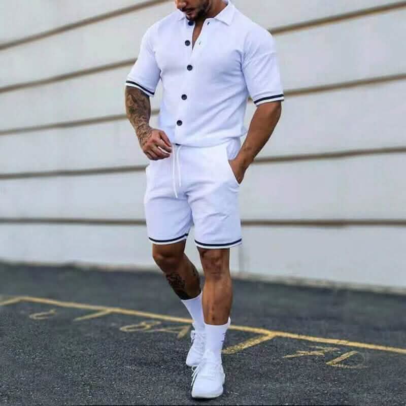2-Piece Set: Men's Short Sleeve Plain Stripes Lapel - A-1 Thread Vault