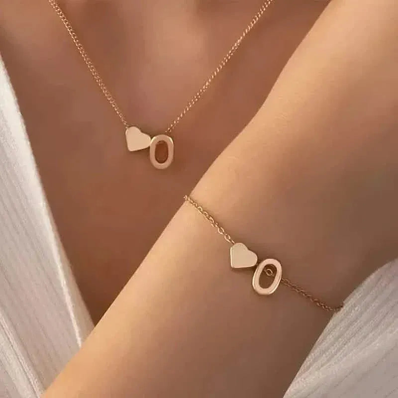 2-Piece Set: Metal Heart And English Letter Necklace And Bracelet - A-1 Thread Vault