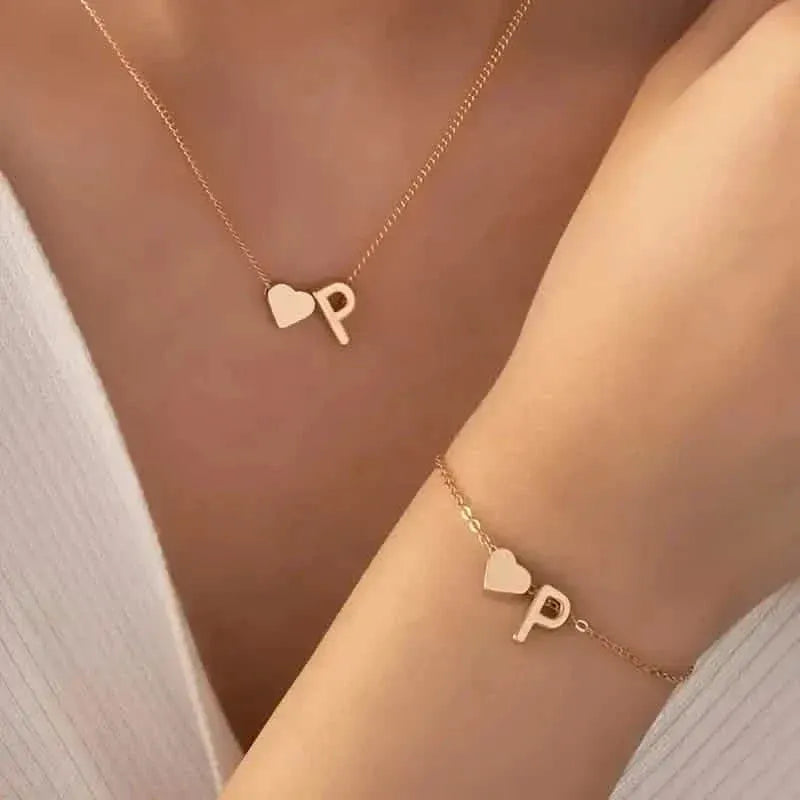 2-Piece Set: Metal Heart And English Letter Necklace And Bracelet - A-1 Thread Vault