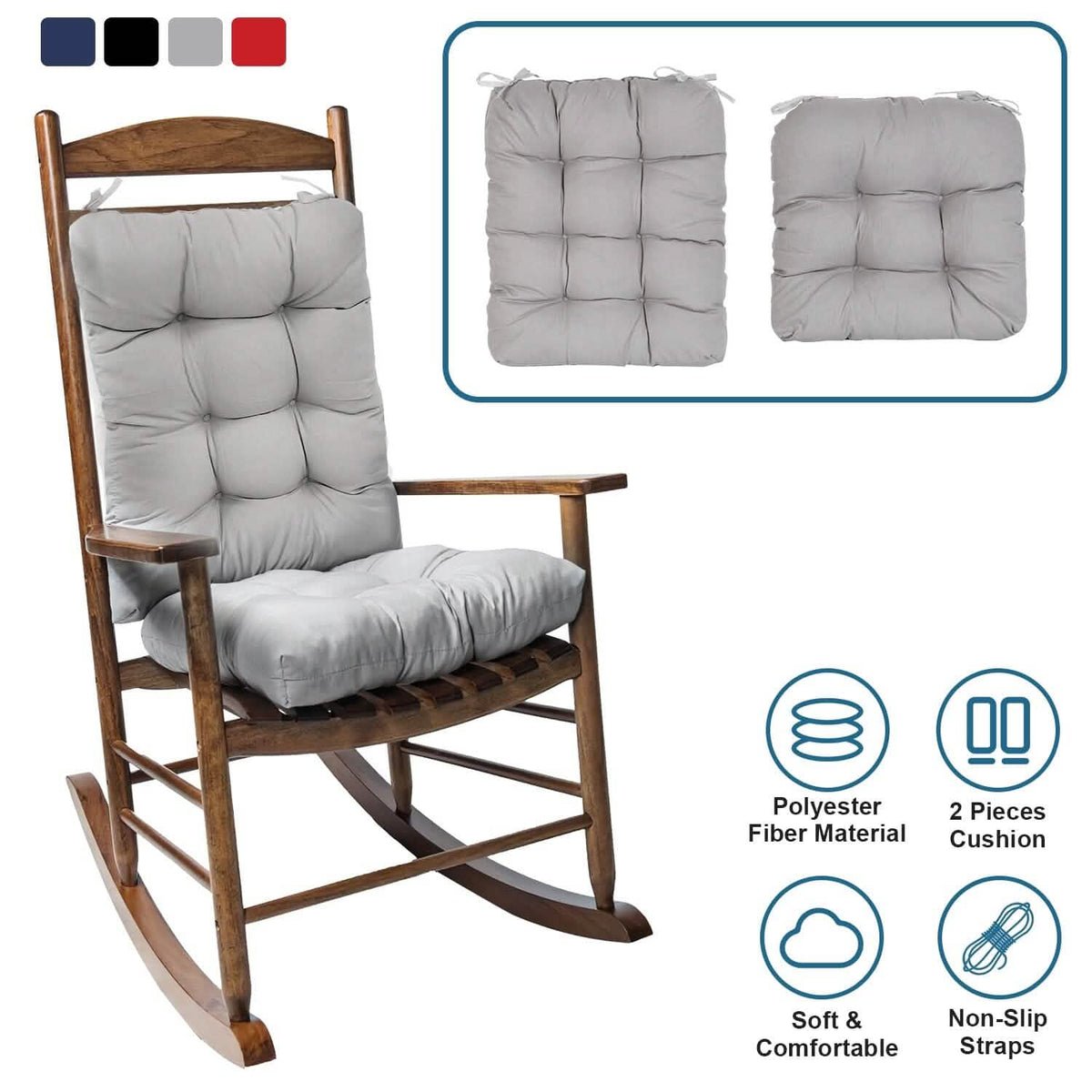 2-Piece Set: Rocking Chair Cushion with Non-Slip Ties Polyester Fiber Filling - A-1 Thread Vault
