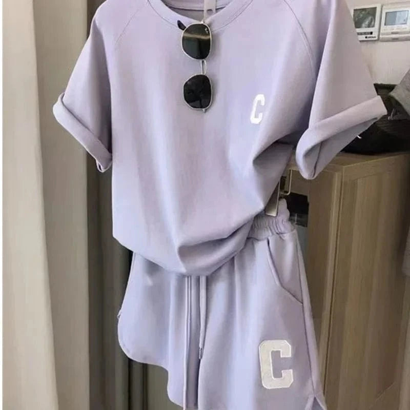 2 Piece Set Women Summer Sleepwear Loose Short Sleeve T-Shirt Casual Shorts Sports Print Letter Suit Large Size Short Pajamas - A-1 Thread Vault