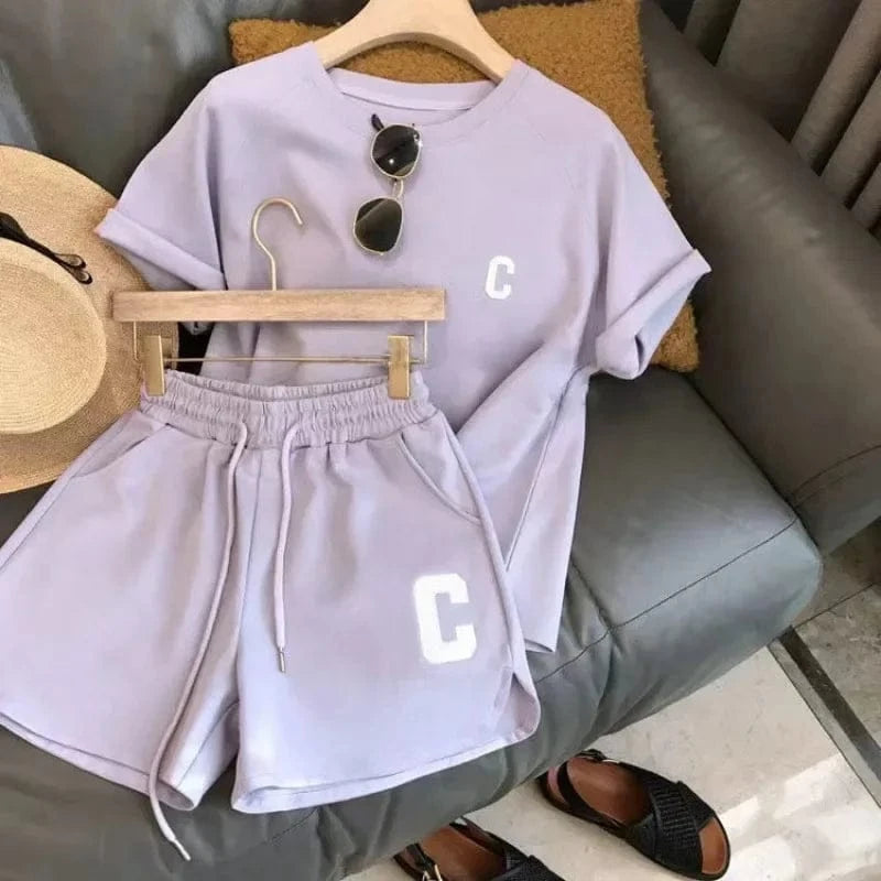 2 Piece Set Women Summer Sleepwear Loose Short Sleeve T-Shirt Casual Shorts Sports Print Letter Suit Large Size Short Pajamas - A-1 Thread Vault