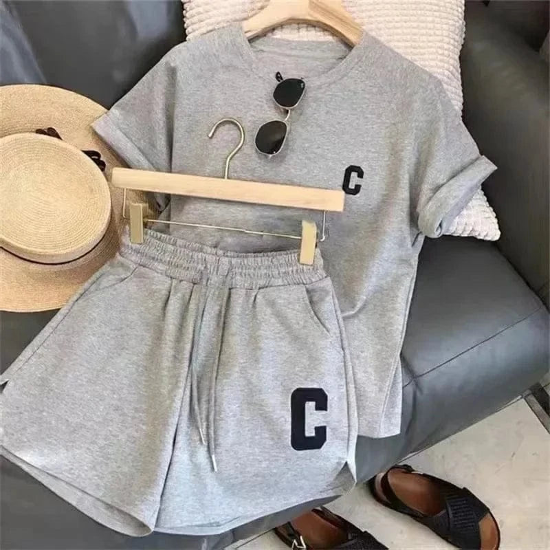 2 Piece Set Women Summer Sleepwear Loose Short Sleeve T-Shirt Casual Shorts Sports Print Letter Suit Large Size Short Pajamas - A-1 Thread Vault