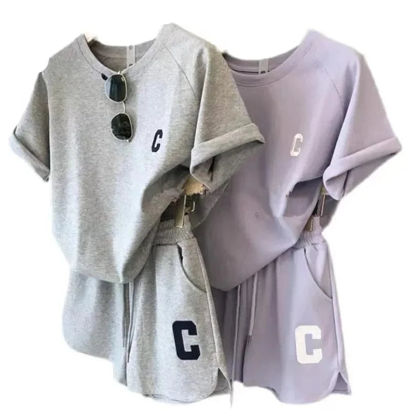 2 Piece Set Women Summer Sleepwear Loose Short Sleeve T-Shirt Casual Shorts Sports Print Letter Suit Large Size Short Pajamas - A-1 Thread Vault