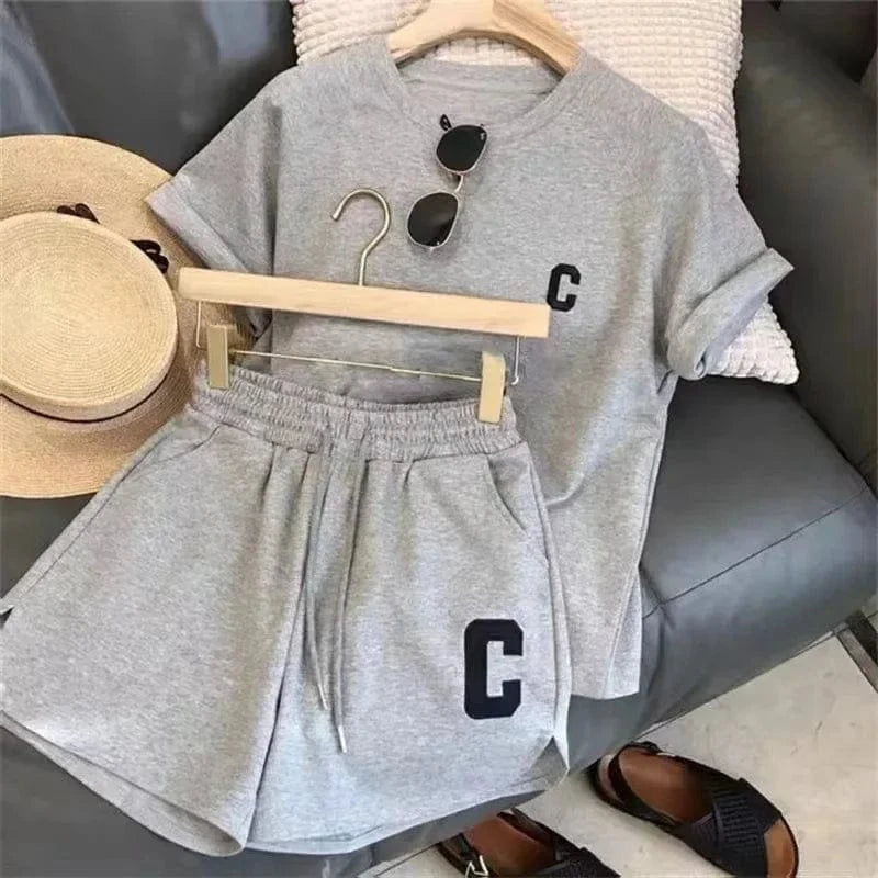 2 Piece Set Women Summer Sleepwear Loose Short Sleeve T-Shirt Casual Shorts Sports Print Letter Suit Large Size Short Pajamas - A-1 Thread Vault