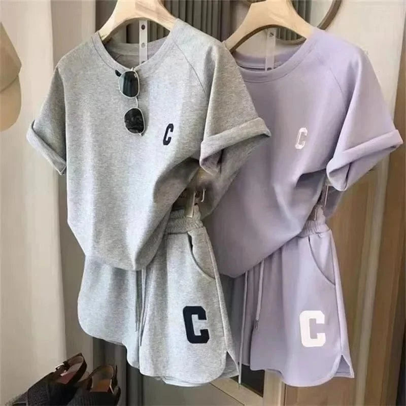2 Piece Set Women Summer Sleepwear Loose Short Sleeve T-Shirt Casual Shorts Sports Print Letter Suit Large Size Short Pajamas - A-1 Thread Vault