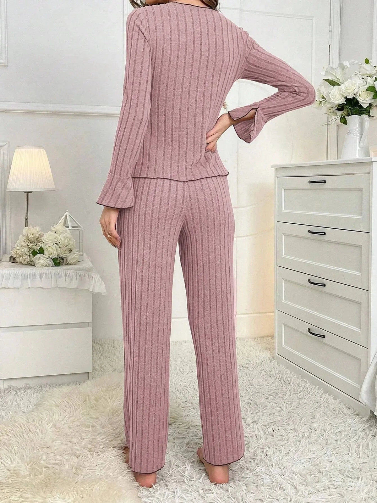2-Piece Women's Autumn and Winter Pure Color Elegant Bow Women's Simple Long-Sleeved Pants Pajama Set Leisure home clothing - A-1 Thread Vault