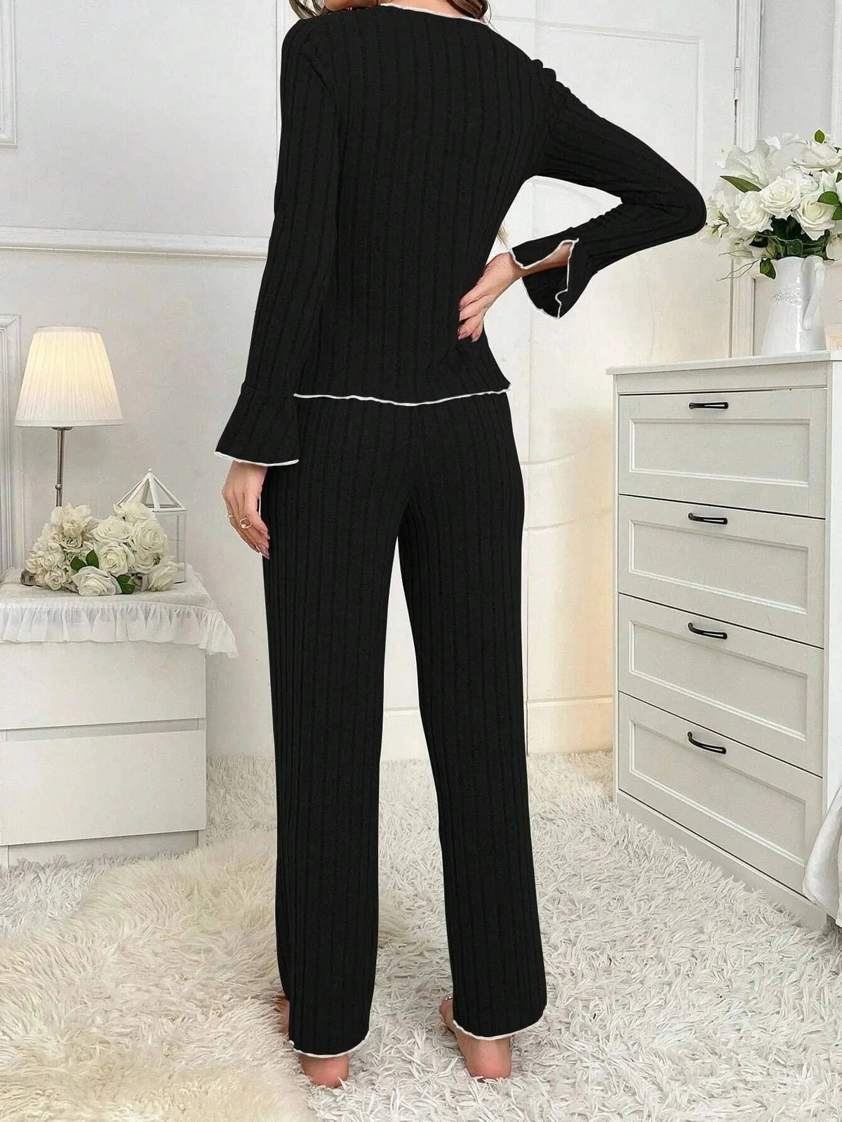 2-Piece Women's Autumn and Winter Pure Color Elegant Bow Women's Simple Long-Sleeved Pants Pajama Set Leisure home clothing - A-1 Thread Vault