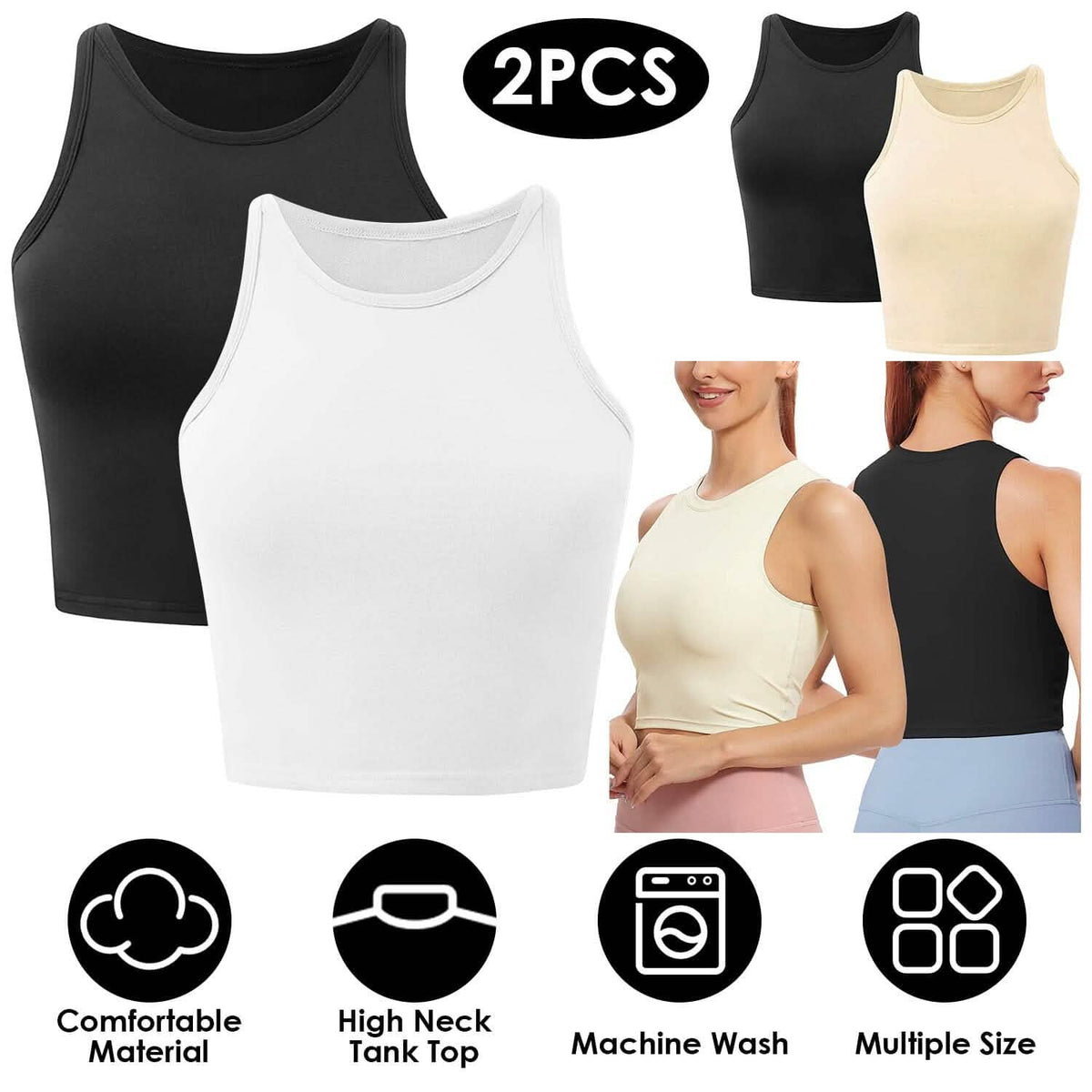 2-Piece: Women Sleeveless Cropped Tank top High Neck - A-1 Thread Vault