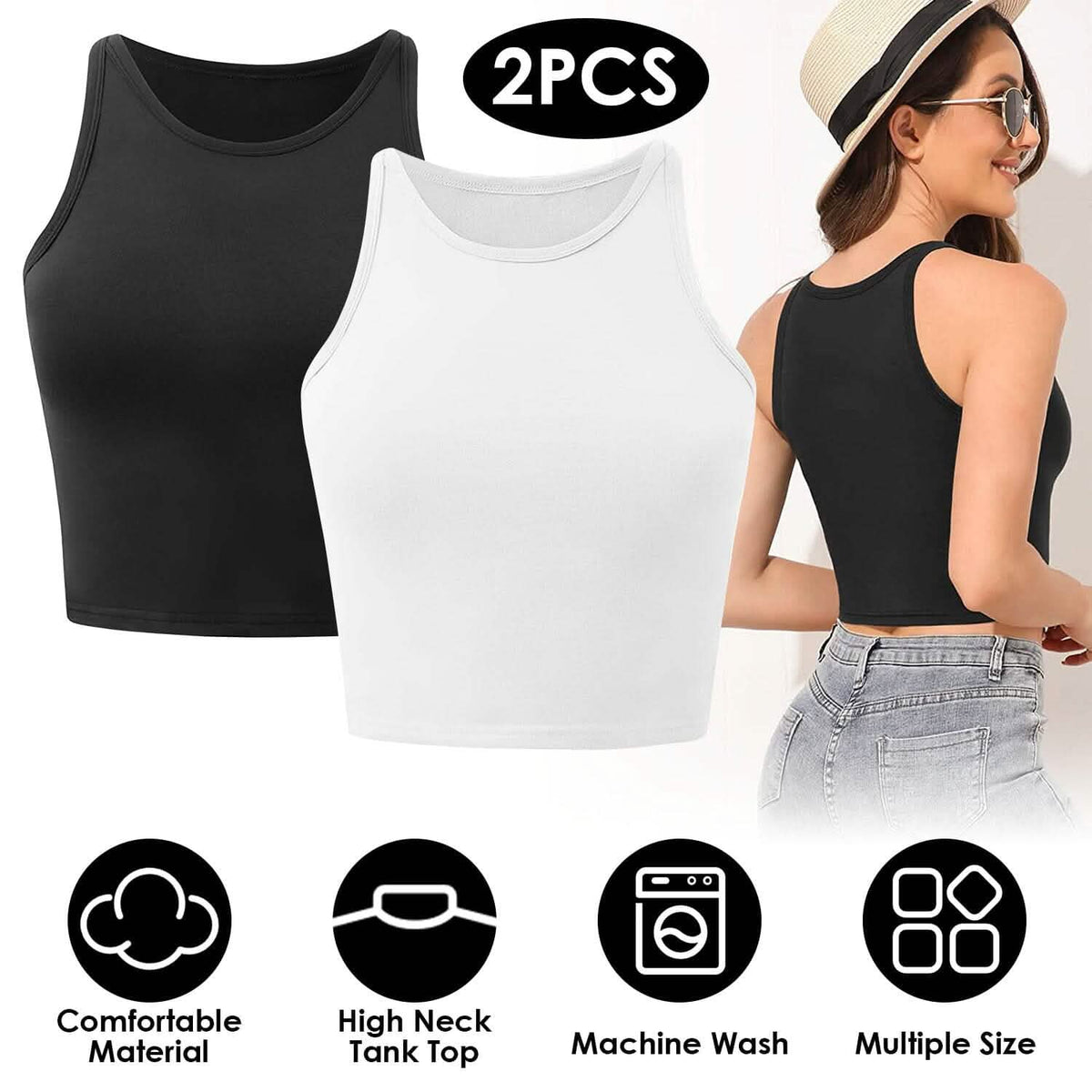 2-Piece: Women Sleeveless Cropped Tank top High Neck - A-1 Thread Vault