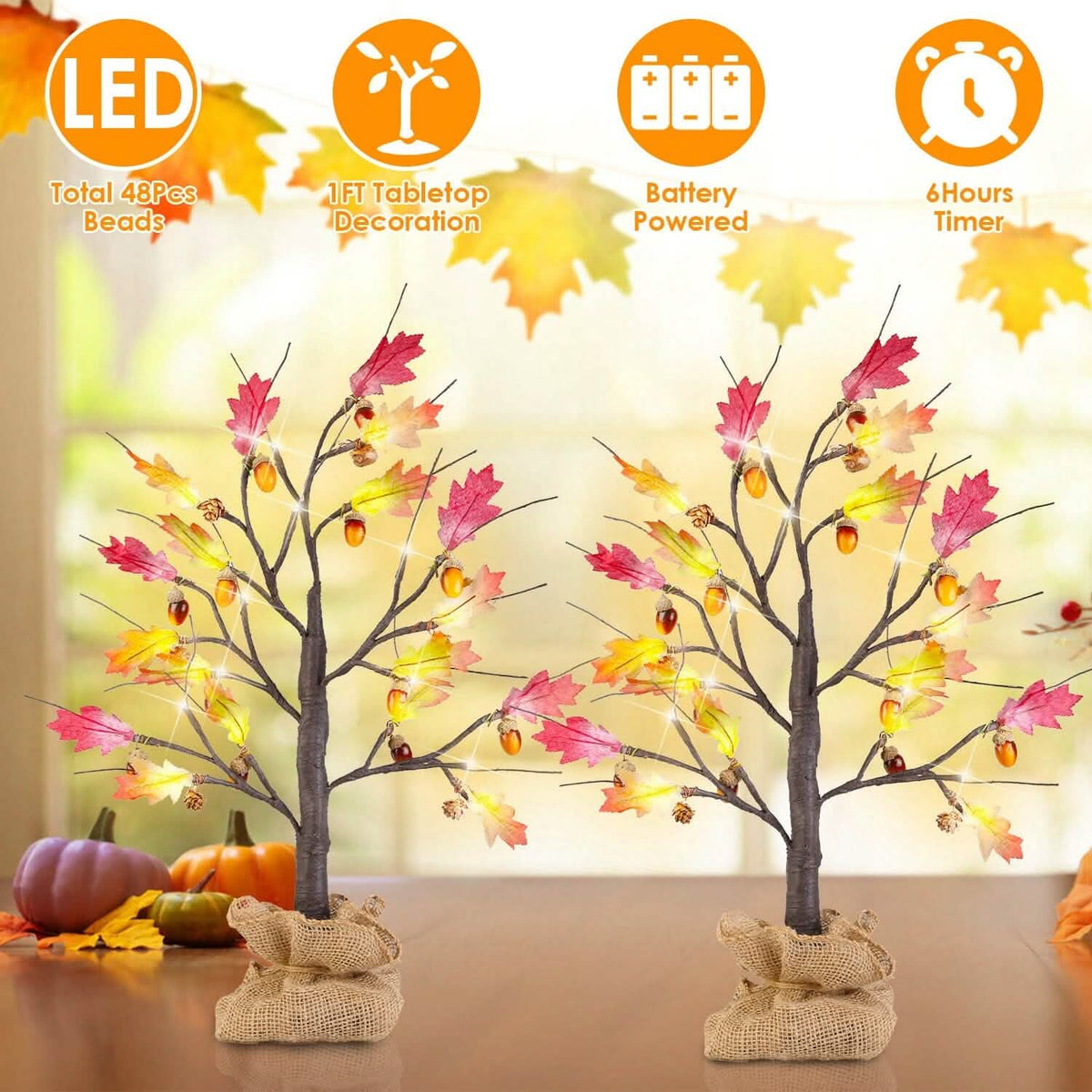 2-Pieces: 2FT Artificial Lighted Maple Tree with 24-Pieces Warm White LED Beads - A-1 Thread Vault