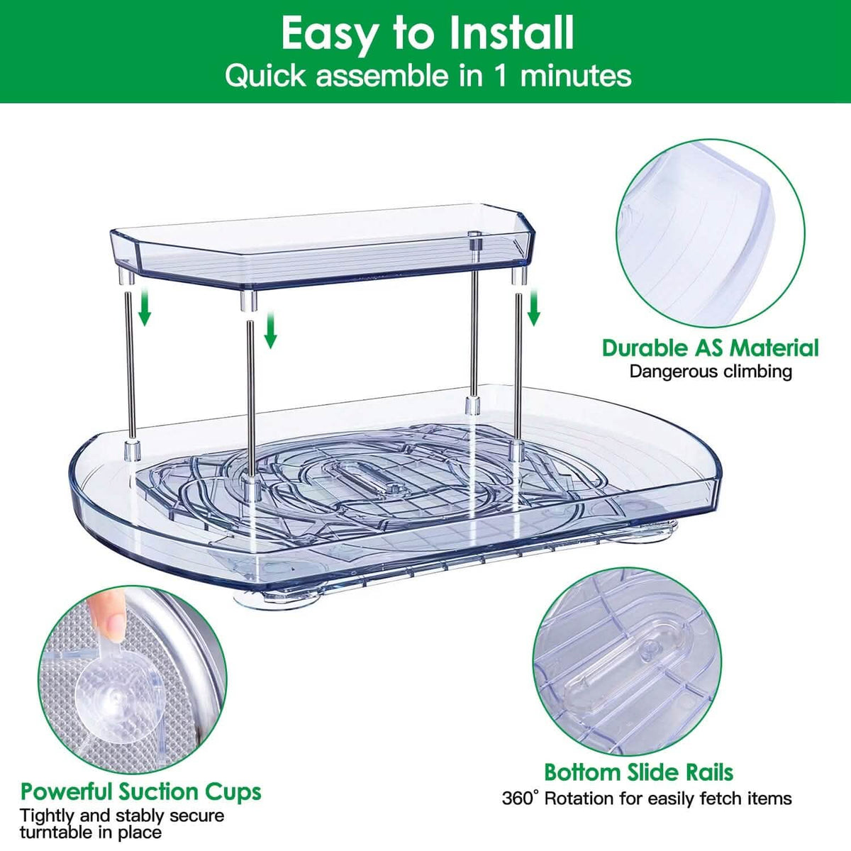 2-Tier Turntable Organizer Rectangular Refrigerator Spinner Storage Rack with 360° Rotatable Slide Rail - A-1 Thread Vault