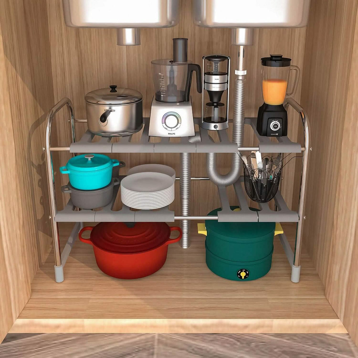 2-Tier Under Sink Organizer Retractable Kitchen Rack Holder - A-1 Thread Vault