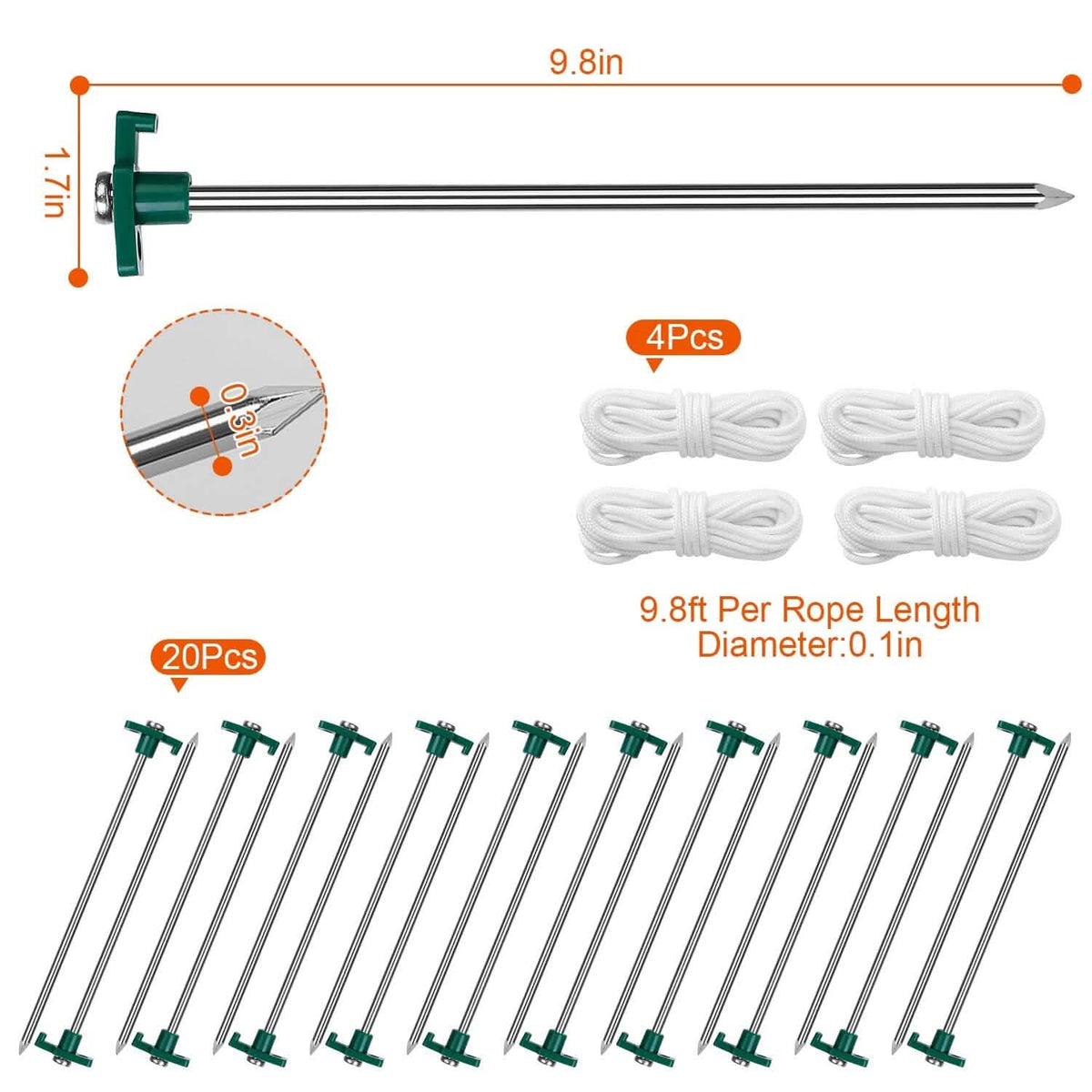 20-Piece: 9.8-Inch Tent Pegs Ropes Set - A-1 Thread Vault