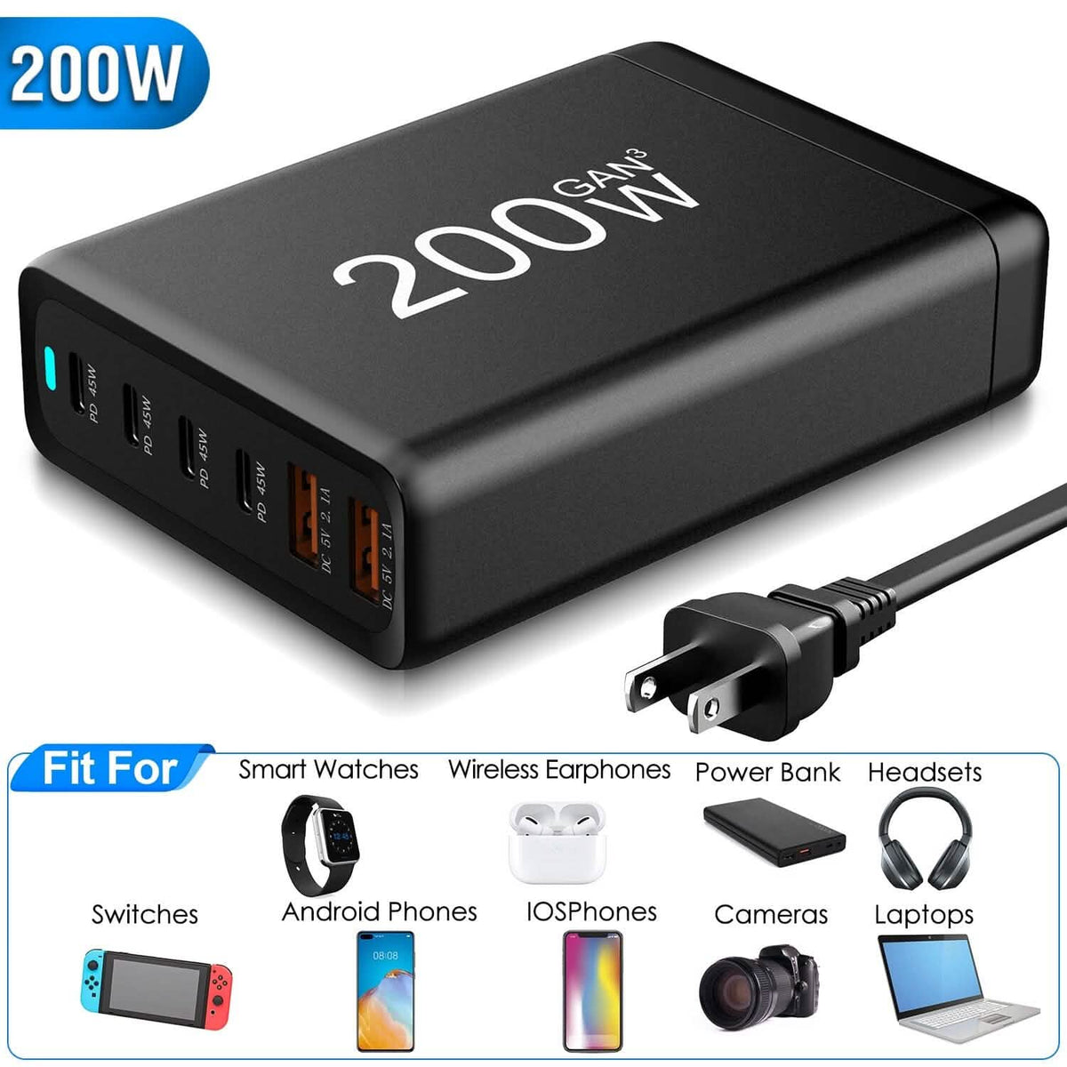 200W Fast Wall Charger with 6 Charging Ports Desktop USB Charging Station - A-1 Thread Vault