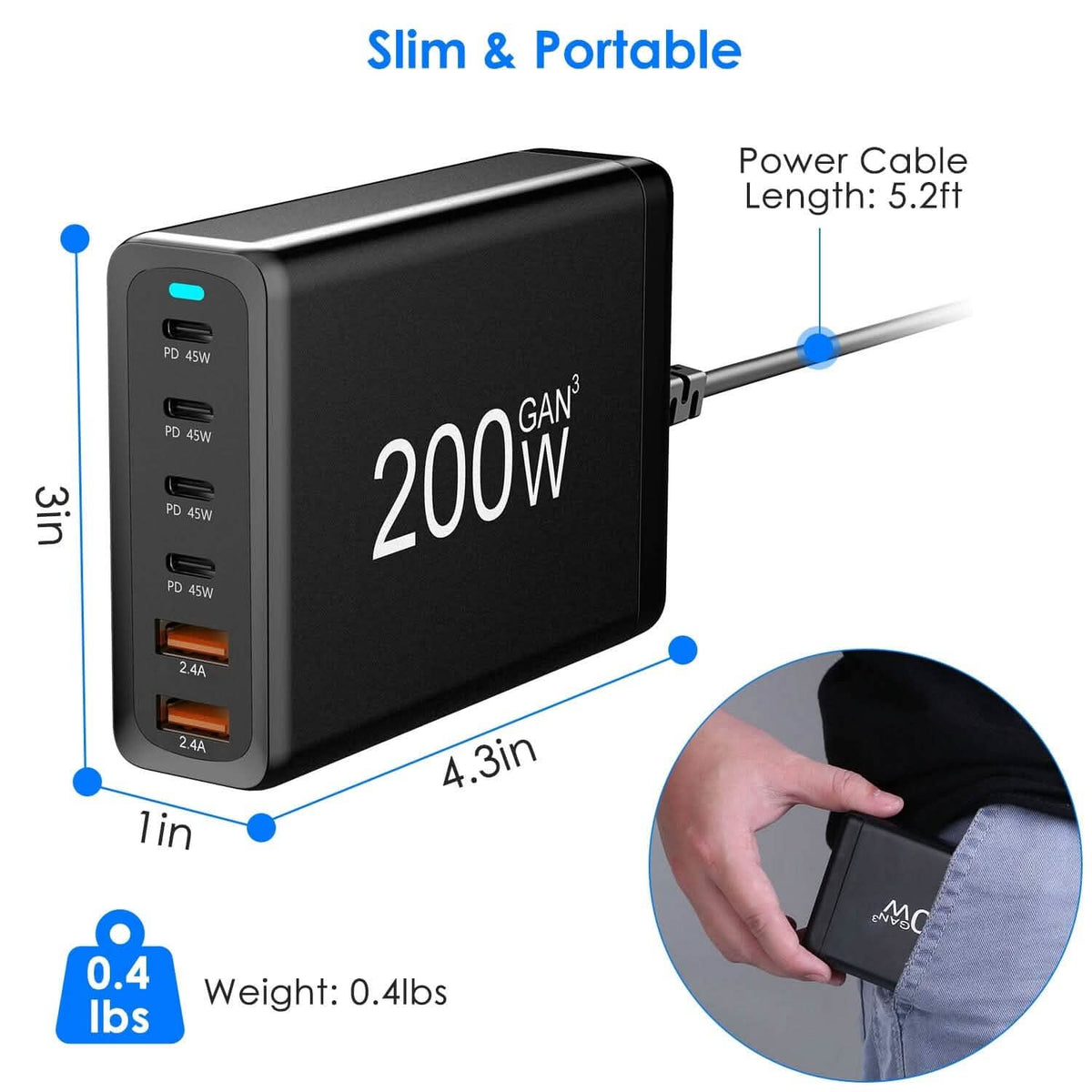 200W Fast Wall Charger with 6 Charging Ports Desktop USB Charging Station - A-1 Thread Vault