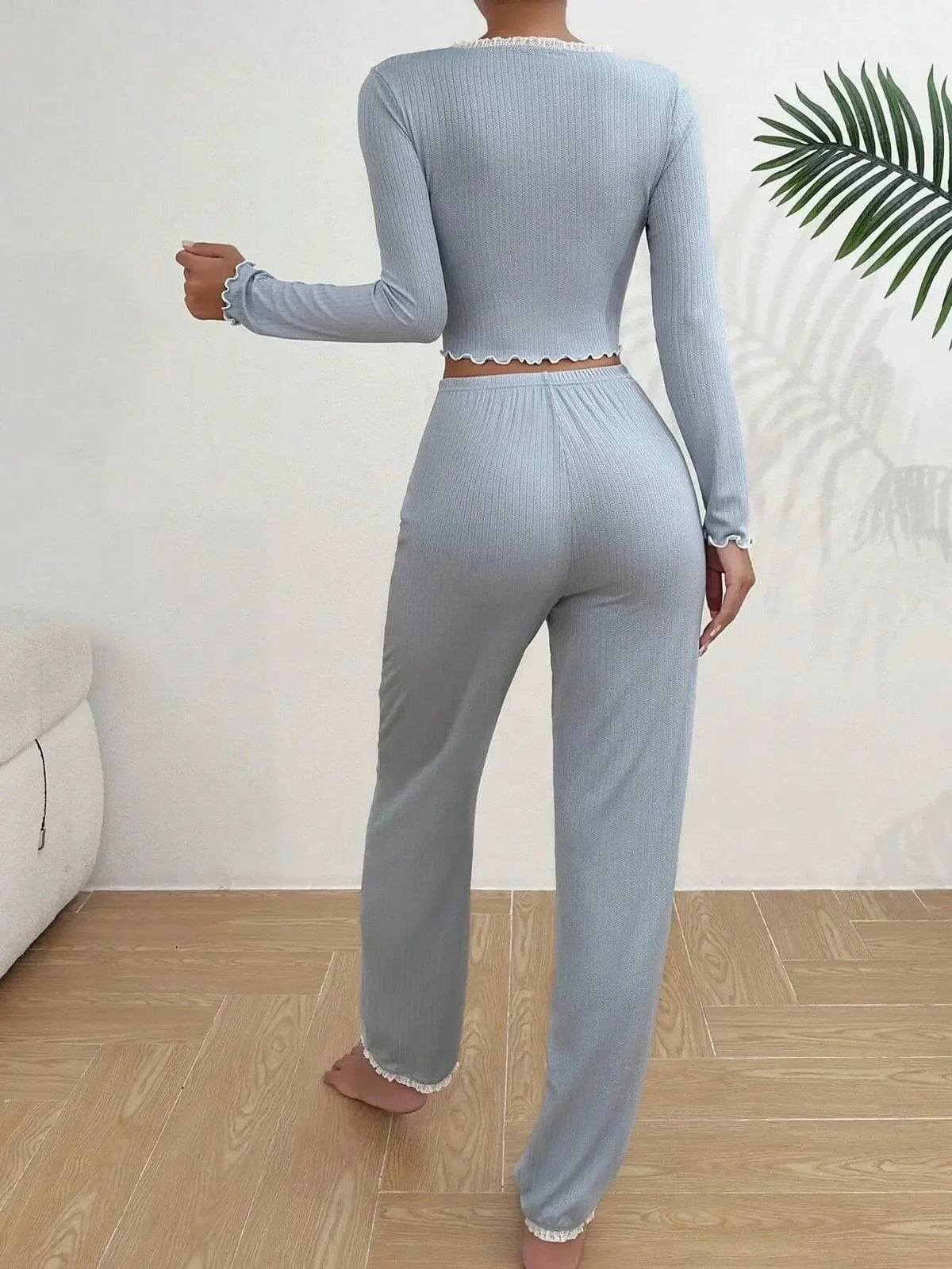 2024 Autumn Winter Homewear Pajamas Set for Women Long Sleeves Shirt Trousers 2 Pieces Sexy Lace Pijamas Sleepwear Loungewear - A-1 Thread Vault