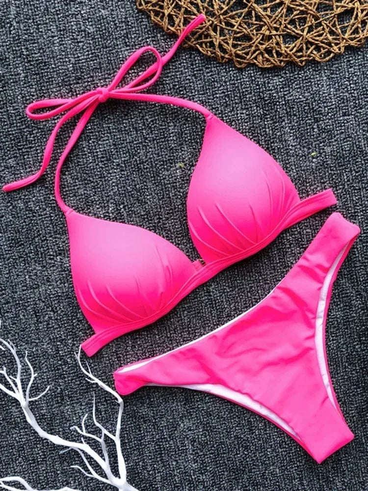 2025 Halter Bra Cup Bikini Sexy Swimsuit Female White Swimwear Women Push up Bikini set Brazilian Bathing Suit Bandeau Swim suit - A-1 Thread Vault