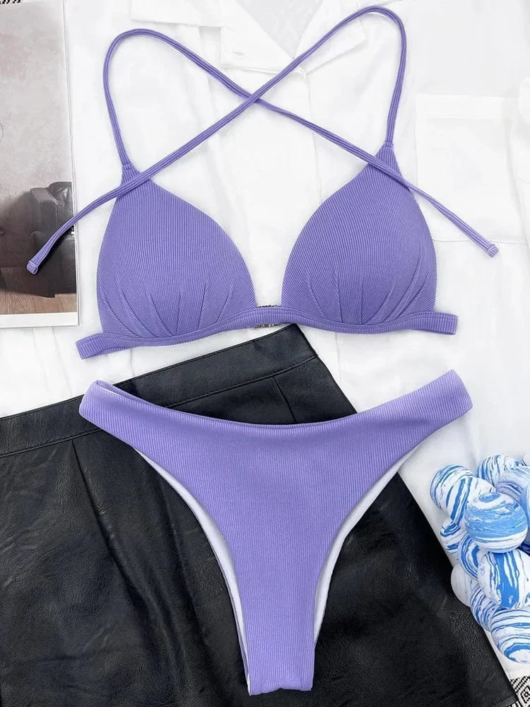 2025 Halter Bra Cup Bikini Sexy Swimsuit Female White Swimwear Women Push up Bikini set Brazilian Bathing Suit Bandeau Swim suit - A-1 Thread Vault