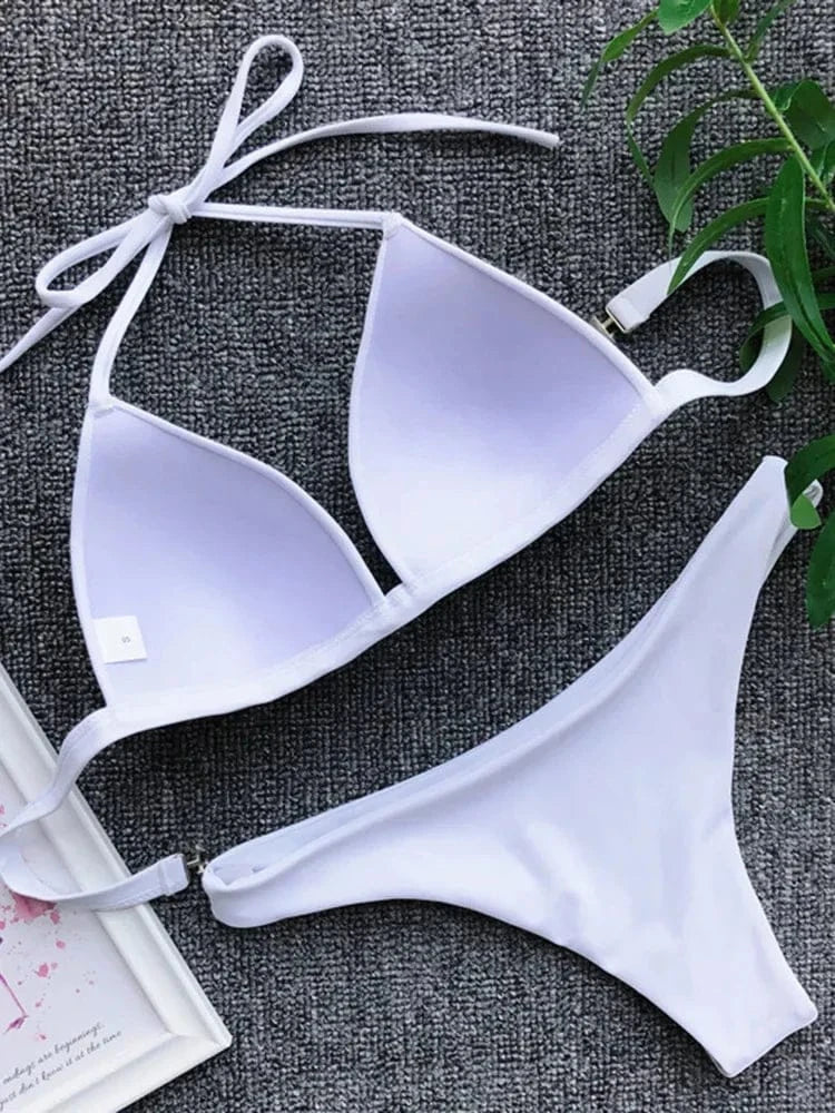 2025 Halter Bra Cup Bikini Sexy Swimsuit Female White Swimwear Women Push up Bikini set Brazilian Bathing Suit Bandeau Swim suit - A-1 Thread Vault