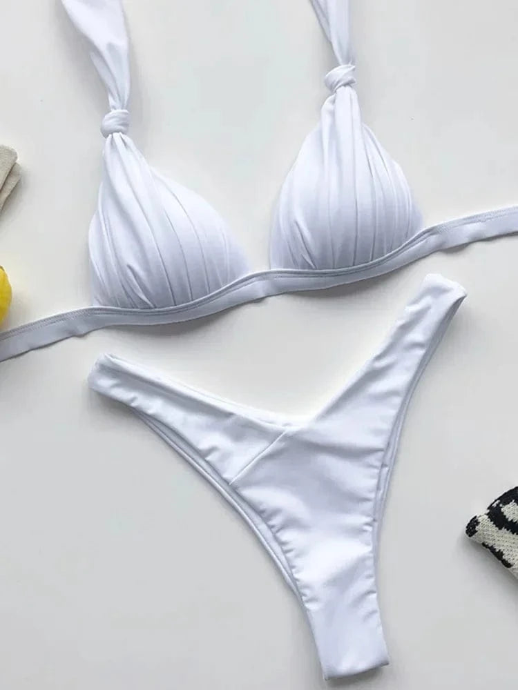 2025 Halter Bra Cup Bikini Sexy Swimsuit Female White Swimwear Women Push up Bikini set Brazilian Bathing Suit Bandeau Swim suit - A-1 Thread Vault