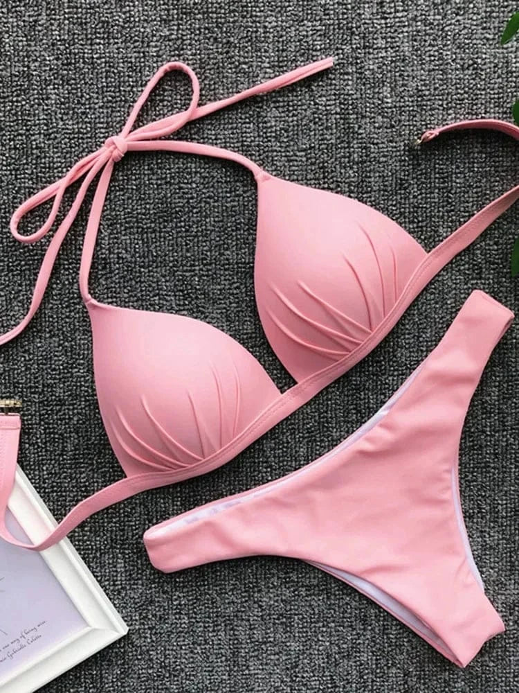 2025 Halter Bra Cup Bikini Sexy Swimsuit Female White Swimwear Women Push up Bikini set Brazilian Bathing Suit Bandeau Swim suit - A-1 Thread Vault