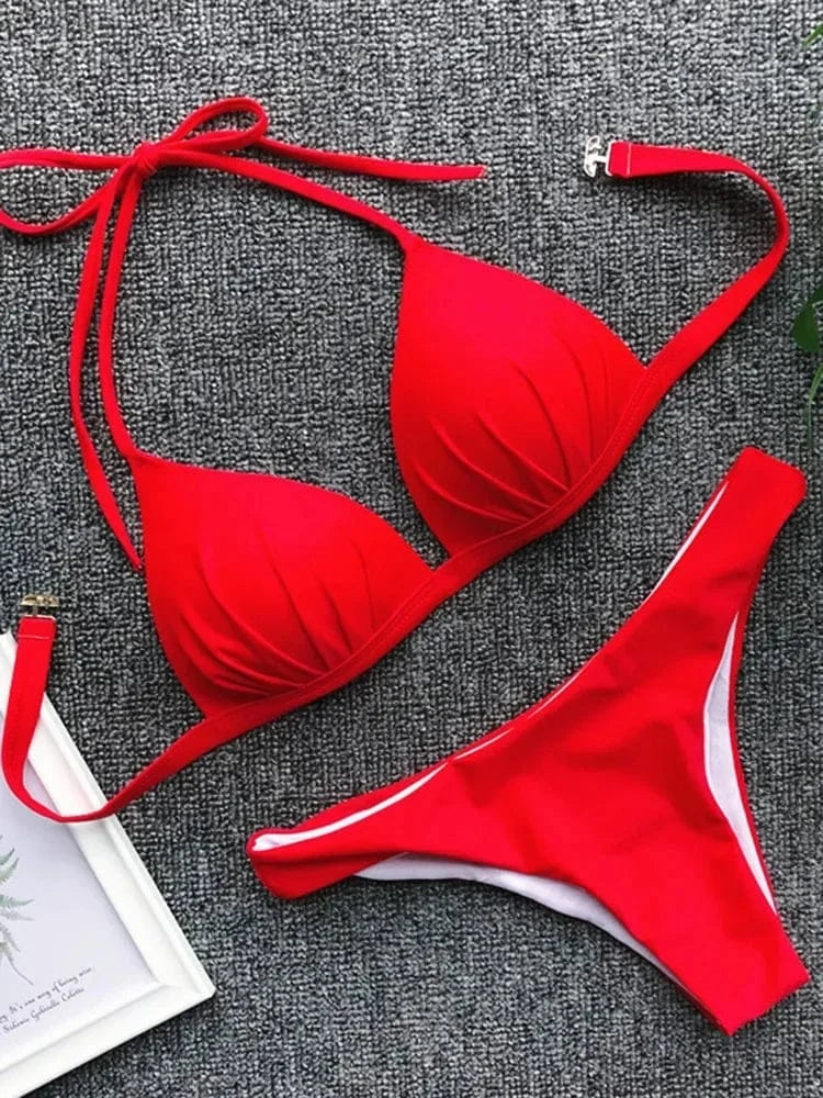 2025 Halter Bra Cup Bikini Sexy Swimsuit Female White Swimwear Women Push up Bikini set Brazilian Bathing Suit Bandeau Swim suit - A-1 Thread Vault