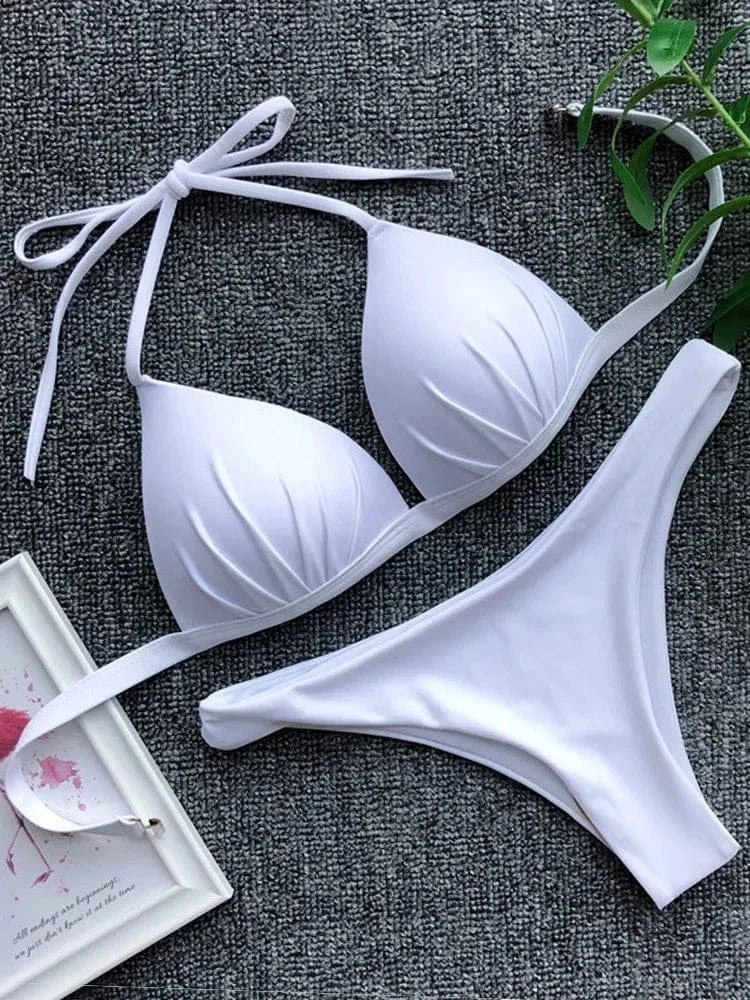 2025 Halter Bra Cup Bikini Sexy Swimsuit Female White Swimwear Women Push up Bikini set Brazilian Bathing Suit Bandeau Swim suit - A-1 Thread Vault