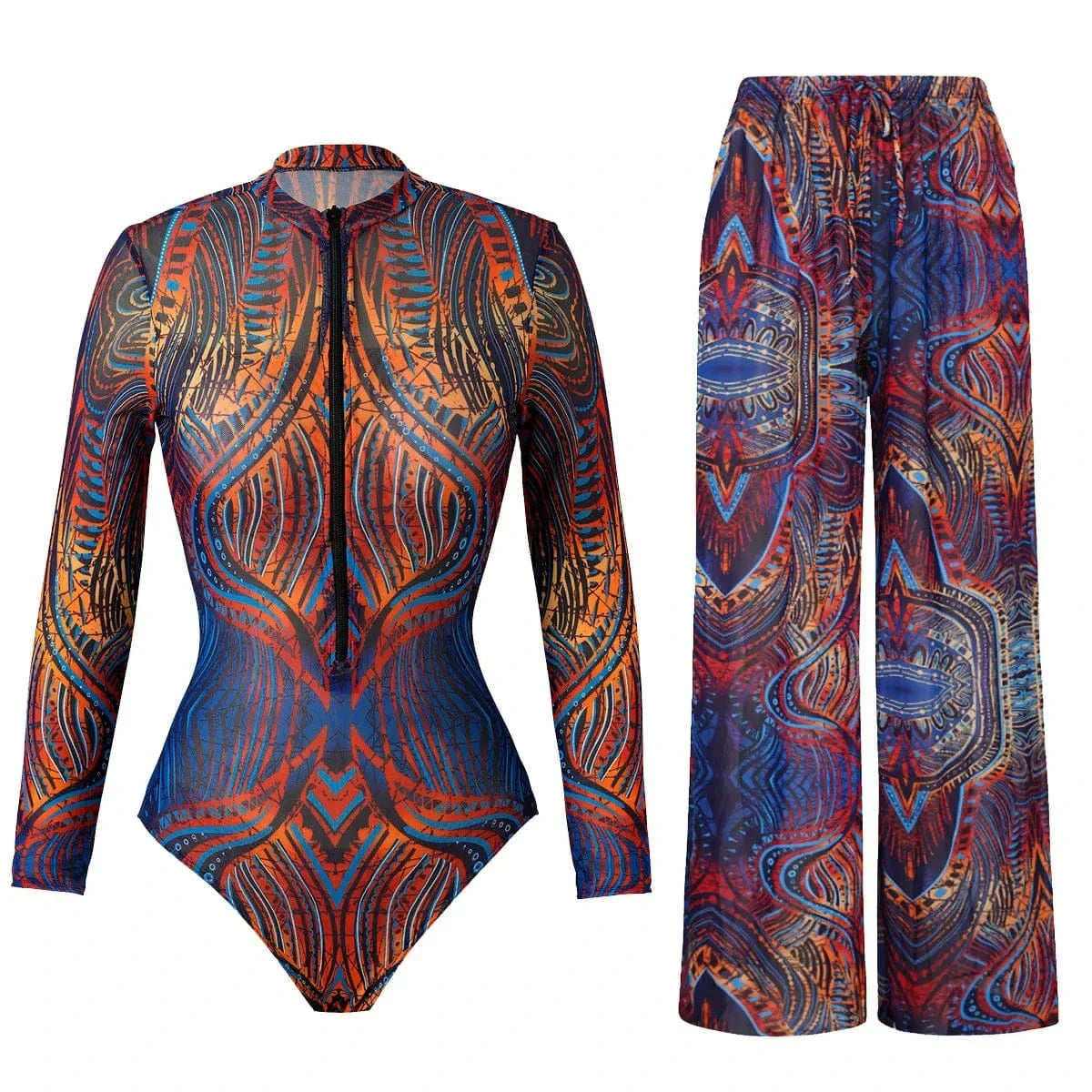 2025 Mesh Swimsuit with Long Sleeves Sexy One Piece Slimming Bathing Suit with Skirt & Long Pants Bodysuit Smart Beach Clothes - A-1 Thread Vault