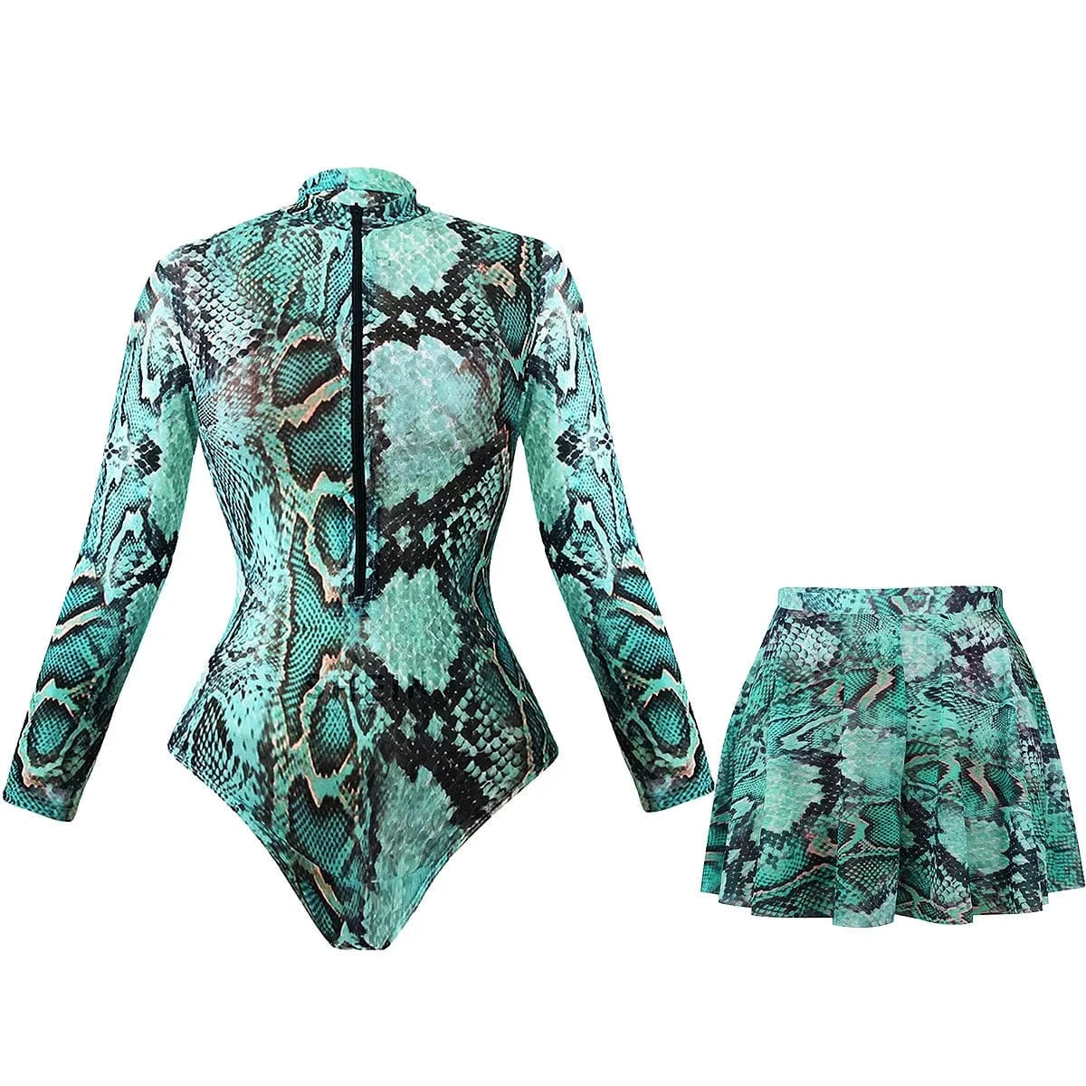 2025 Mesh Swimsuit with Long Sleeves Sexy One Piece Slimming Bathing Suit with Skirt & Long Pants Bodysuit Smart Beach Clothes - A-1 Thread Vault