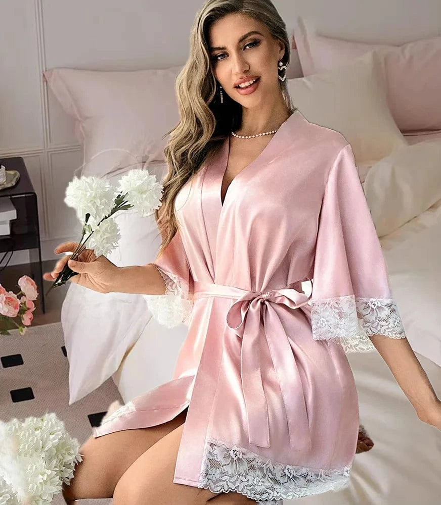 2025 New Ladies Elegant Satin Robe Lace Trim Kimono Short Sleepwear Nightgown V Neck Belted Bridal Loungewear Bridesmaid Gift - A-1 Thread Vault