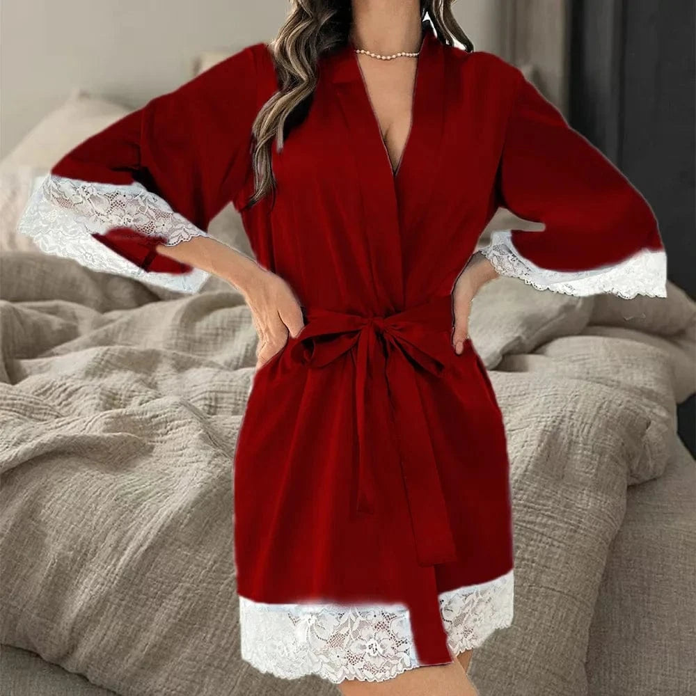 2025 New Ladies Elegant Satin Robe Lace Trim Kimono Short Sleepwear Nightgown V Neck Belted Bridal Loungewear Bridesmaid Gift - A-1 Thread Vault