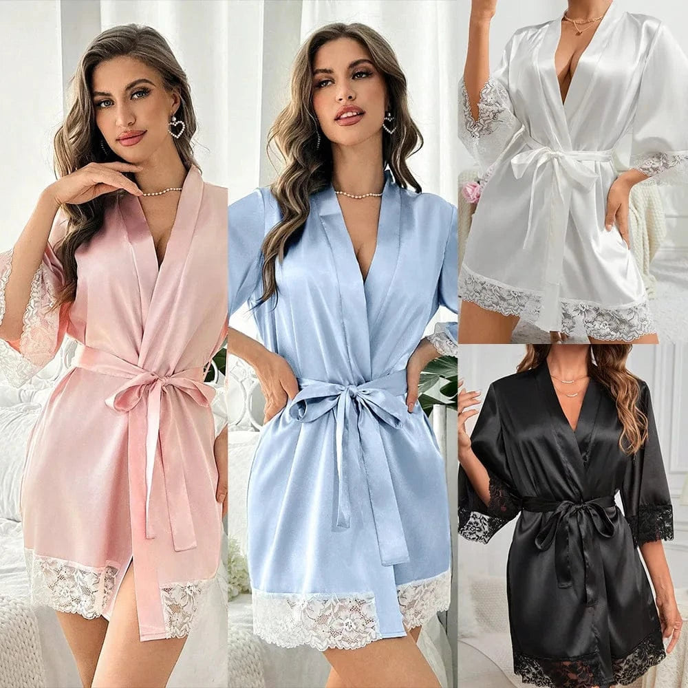 2025 New Ladies Elegant Satin Robe Lace Trim Kimono Short Sleepwear Nightgown V Neck Belted Bridal Loungewear Bridesmaid Gift - A-1 Thread Vault