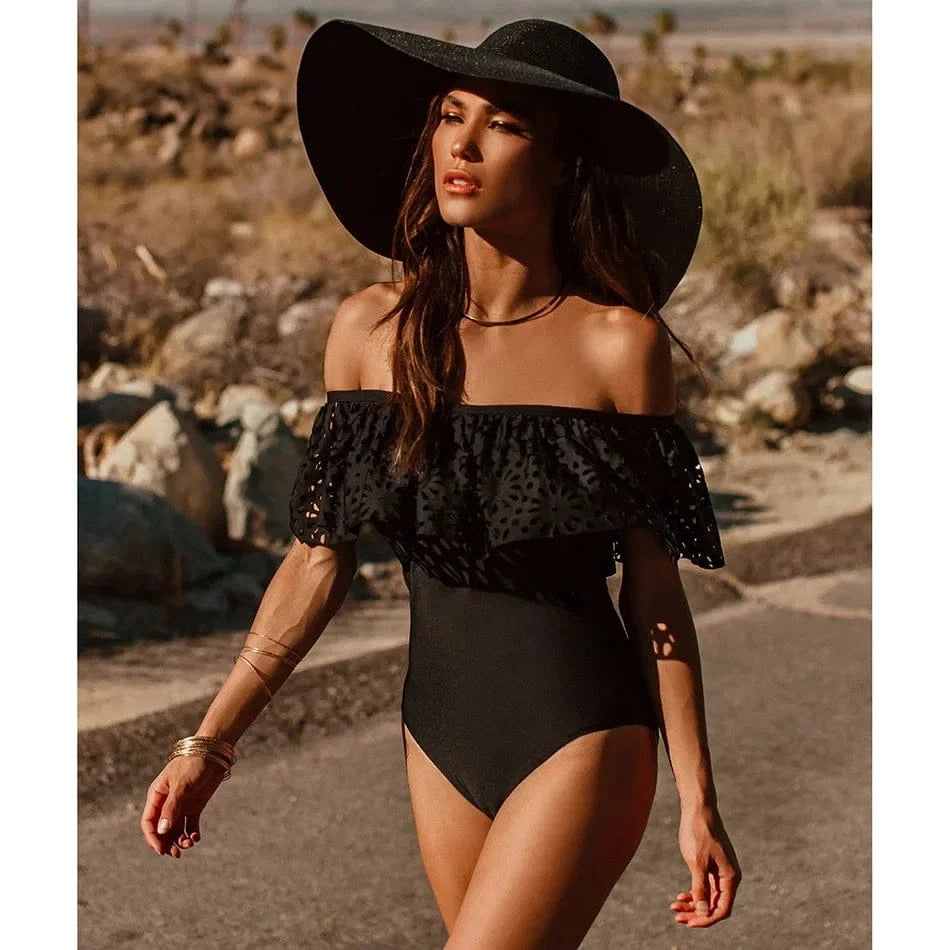 2025 New Sexy Off The Shoulder Solid Swimwear Women One Piece Swimsuit Female Bathing Suit Ruffle Monokini Swim Wear XL - A-1 Thread Vault