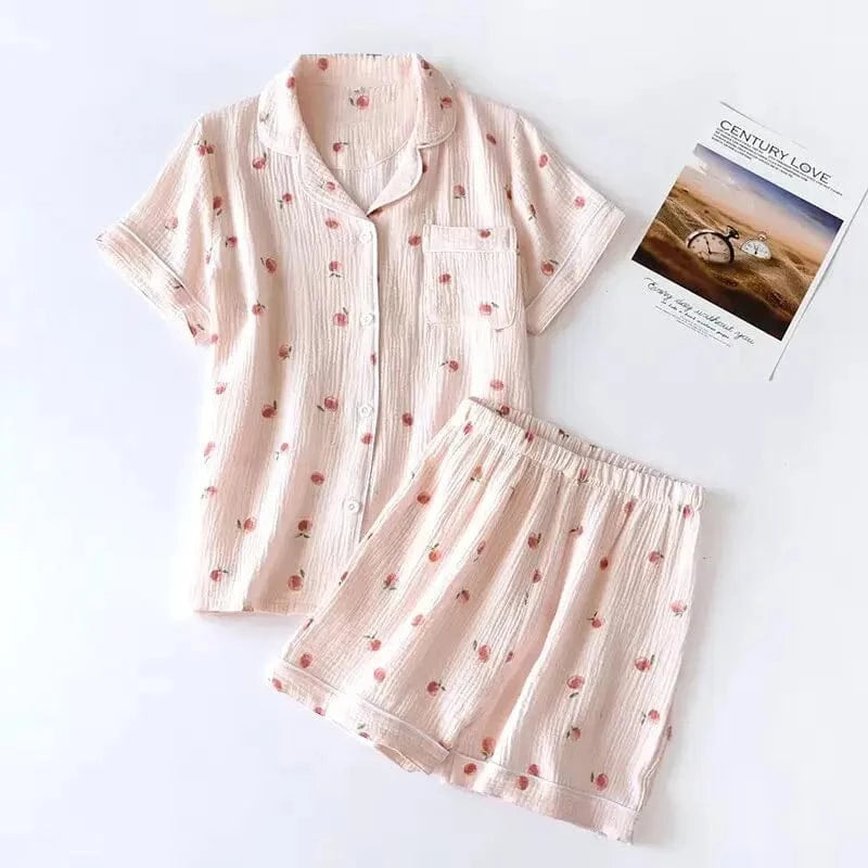 2025 Summer Ladies Short-sleeved Shorts Pajamas Set 100% Cotton Crepe Cloth Thin Home Service Two-piece Spring And Autumn Loose - A-1 Thread Vault