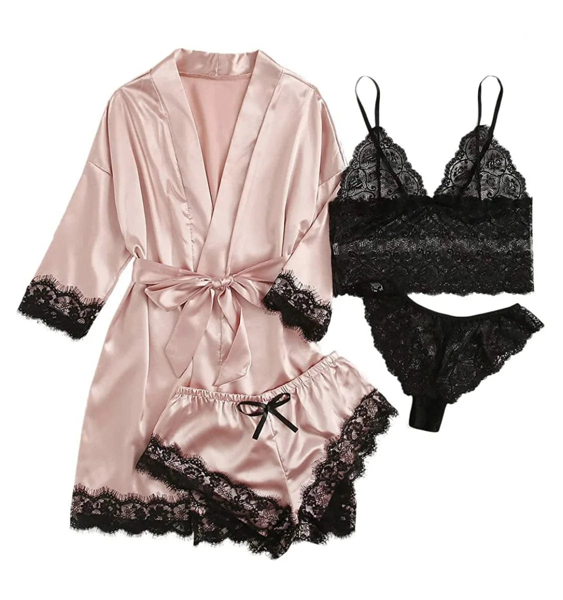 2025New Women's Pajama Fashion 4-piece Set Lace Satin Strap Sexy Pajama Set Dress Skin friendly Comfortable Casual Pajama Skirt - A-1 Thread Vault