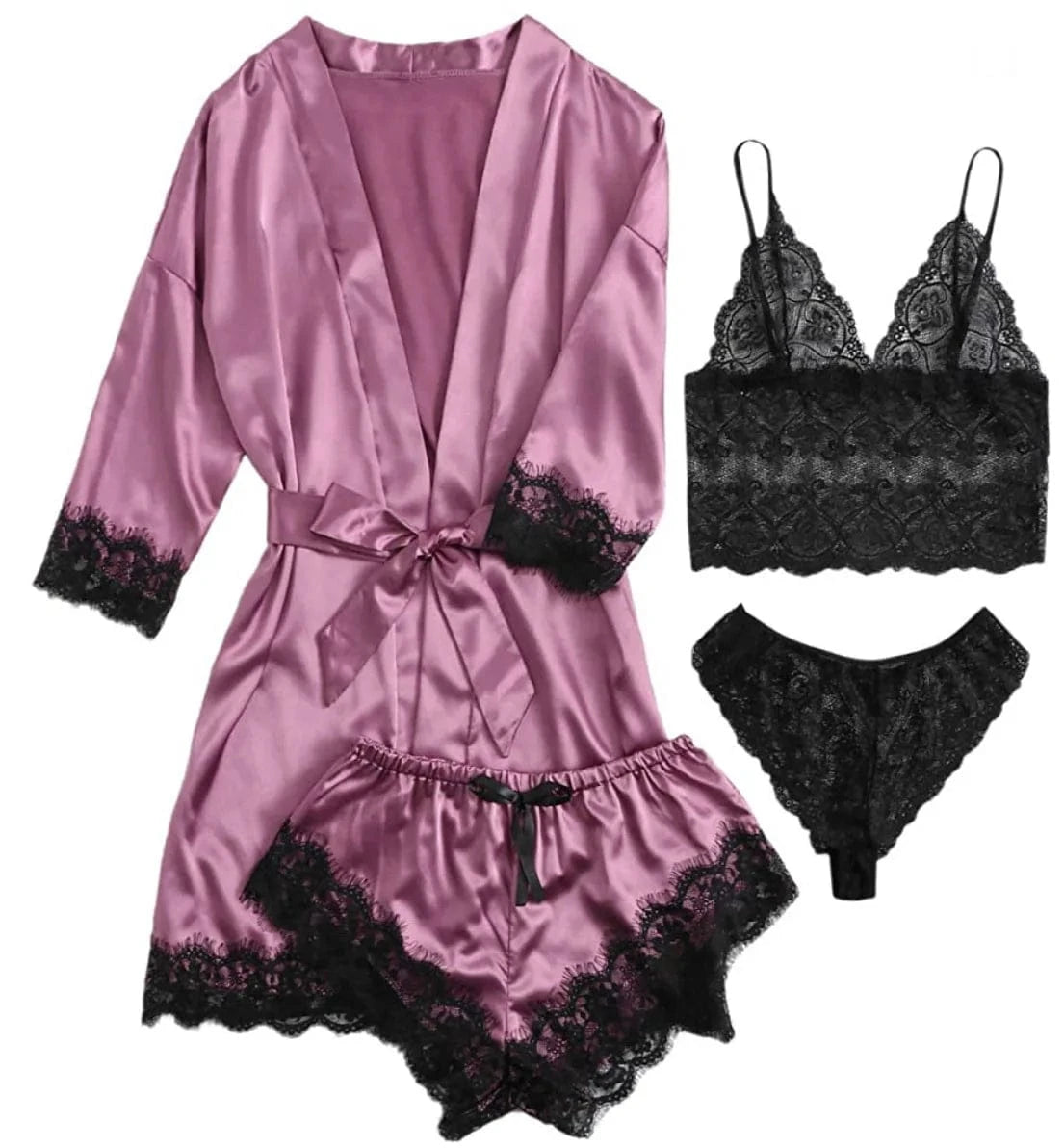 2025New Women's Pajama Fashion 4-piece Set Lace Satin Strap Sexy Pajama Set Dress Skin friendly Comfortable Casual Pajama Skirt - A-1 Thread Vault