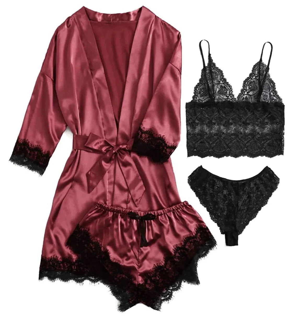 2025New Women's Pajama Fashion 4-piece Set Lace Satin Strap Sexy Pajama Set Dress Skin friendly Comfortable Casual Pajama Skirt - A-1 Thread Vault