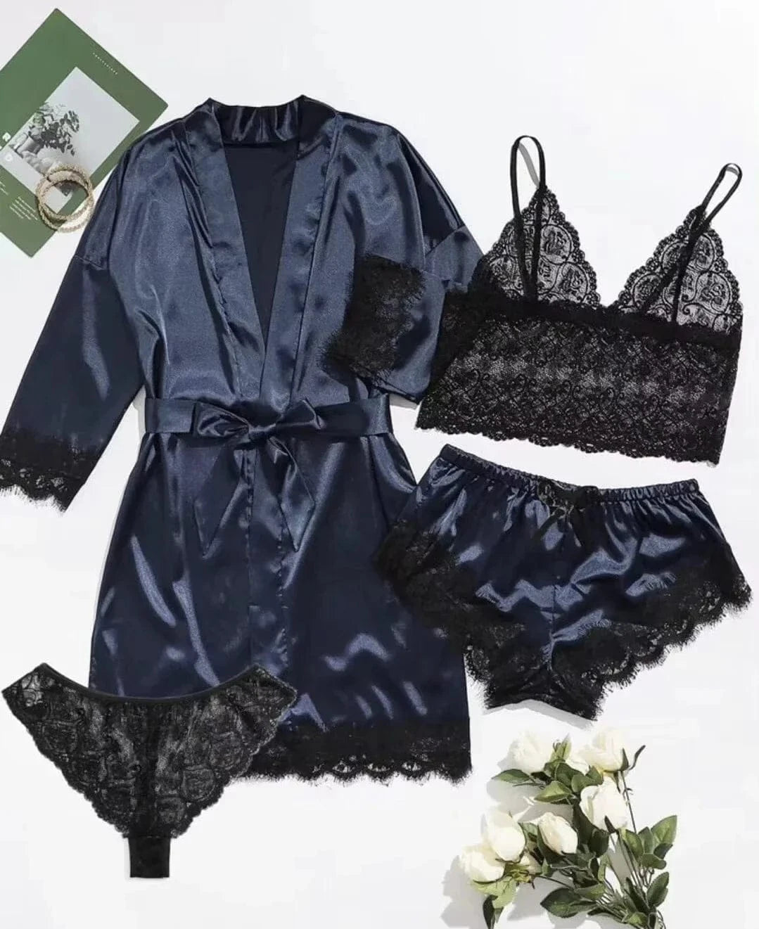 2025New Women's Pajama Fashion 4-piece Set Lace Satin Strap Sexy Pajama Set Dress Skin friendly Comfortable Casual Pajama Skirt - A-1 Thread Vault