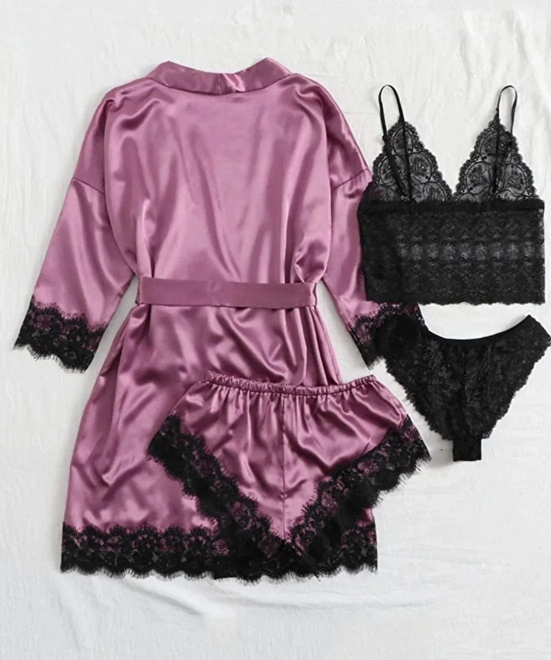 2025New Women's Pajama Fashion 4-piece Set Lace Satin Strap Sexy Pajama Set Dress Skin friendly Comfortable Casual Pajama Skirt - A-1 Thread Vault