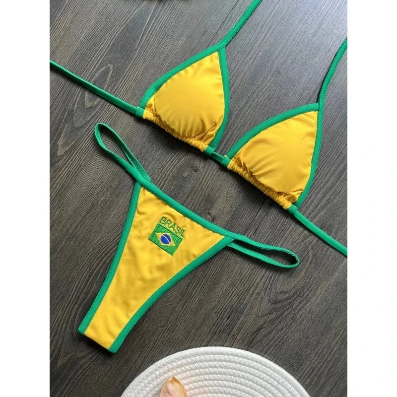 2026 Fashion Embroidery Brasil Flag Contrast Split Bikini Set Women Swimwear Patchwork Swimsuit Hottie Outfit SummerBeachwear - A-1 Thread Vault