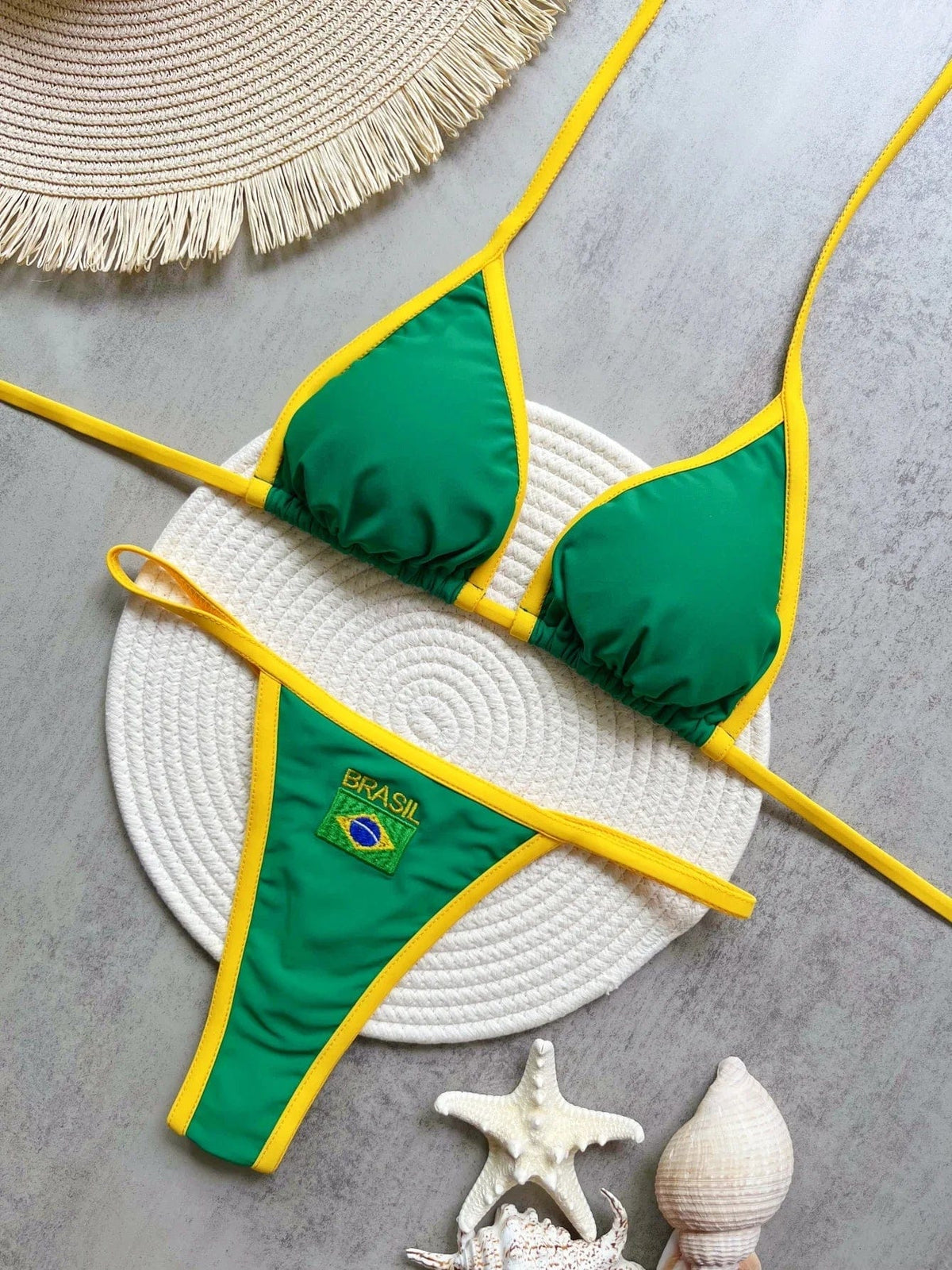 2026 Fashion Embroidery Brasil Flag Contrast Split Bikini Set Women Swimwear Patchwork Swimsuit Hottie Outfit SummerBeachwear - A-1 Thread Vault