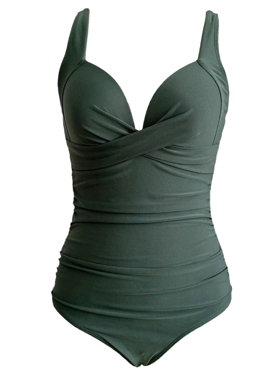A dark olive green one-piece swimsuit featuring a V-neckline with a crossed-front design and ruched detailing throughout the bodice.