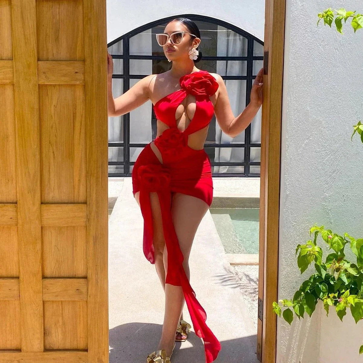 2026 Red Flower Swimsuit With Cover Up Desire Swim Suit Luxury Women Swimwear Sexy Hollow Bikini Beachwear Bodysuit Bathingsuit - A-1 Thread Vault