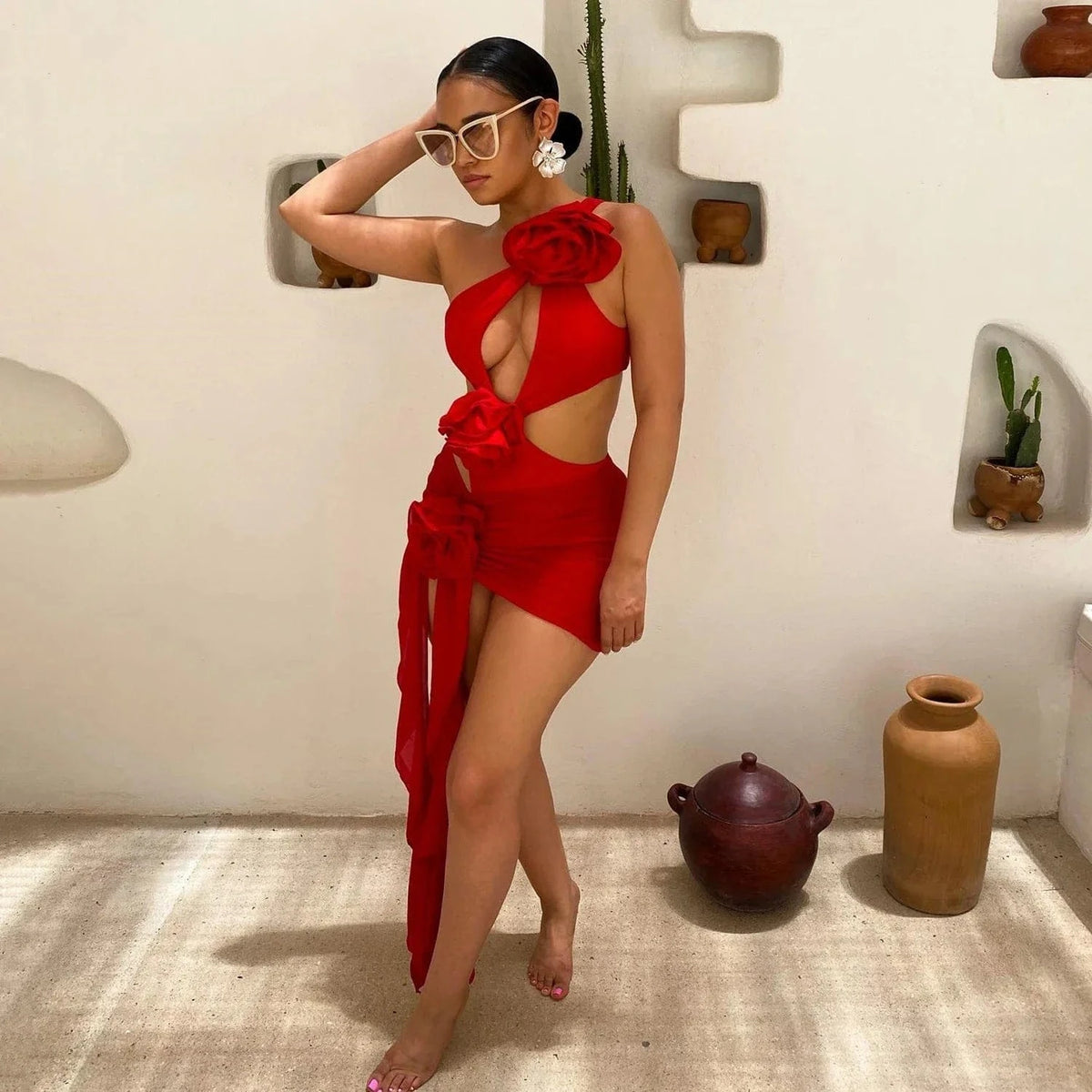 2026 Red Flower Swimsuit With Cover Up Desire Swim Suit Luxury Women Swimwear Sexy Hollow Bikini Beachwear Bodysuit Bathingsuit - A-1 Thread Vault