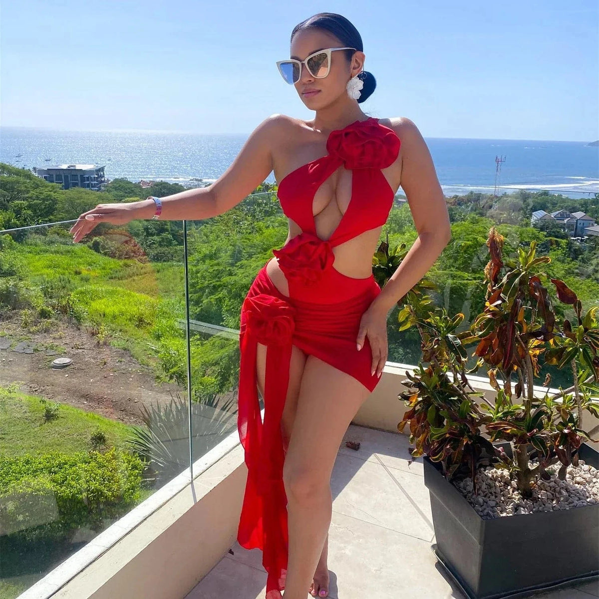 2026 Red Flower Swimsuit With Cover Up Desire Swim Suit Luxury Women Swimwear Sexy Hollow Bikini Beachwear Bodysuit Bathingsuit - A-1 Thread Vault